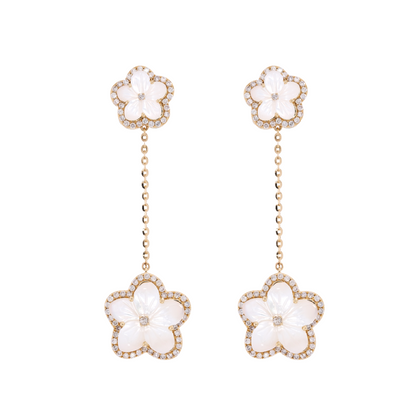 14K Solid Gold Diamond Mother of Pearl Flower Dangle Earrings