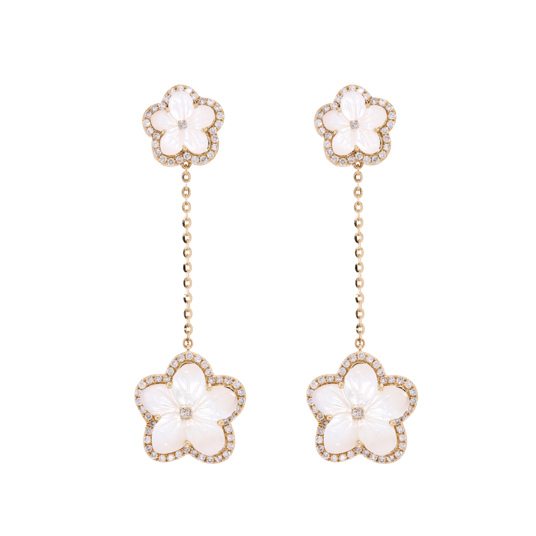 EFL53062PL. 14K Solid Gold Diamond Mother of Pearl Flower Dangle Earrings