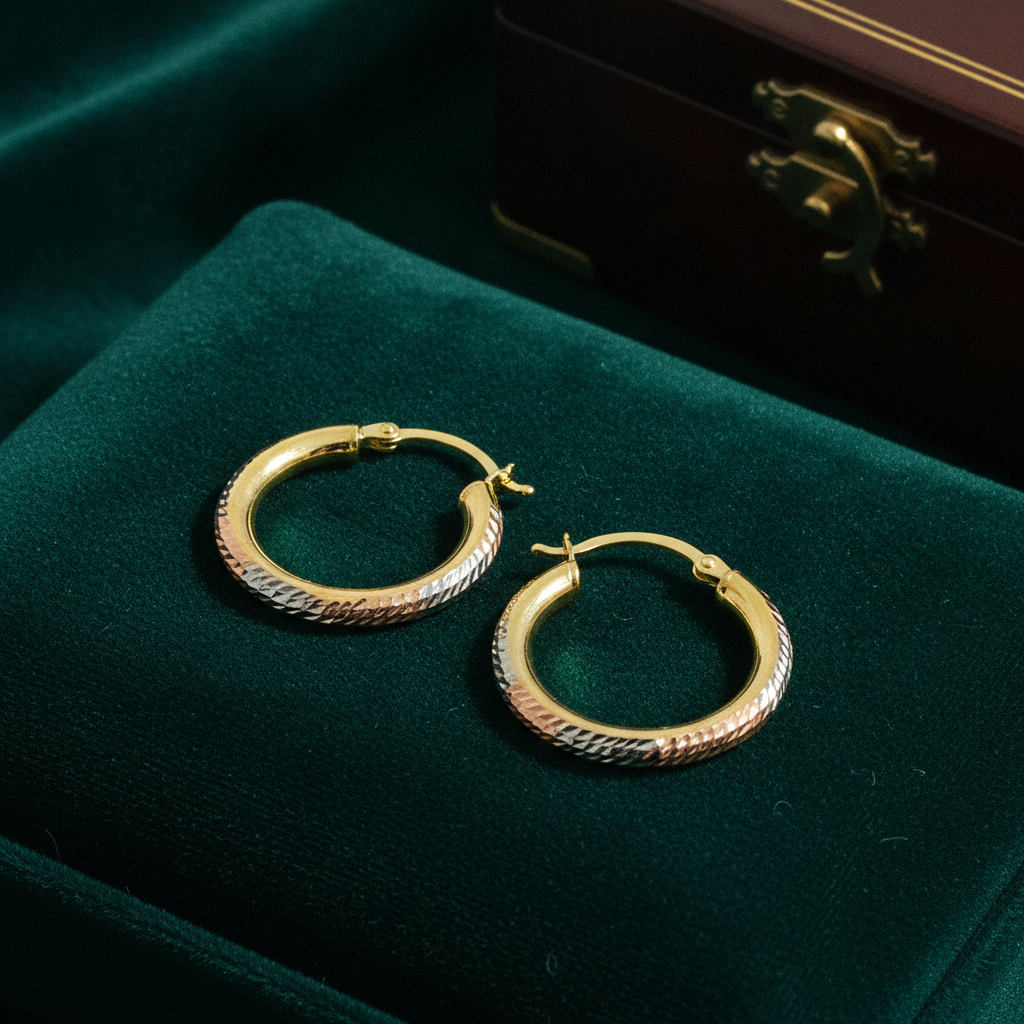 GER77. 14K Tri-Color Gold Diamond-Cut Hollow Hoop Earrings