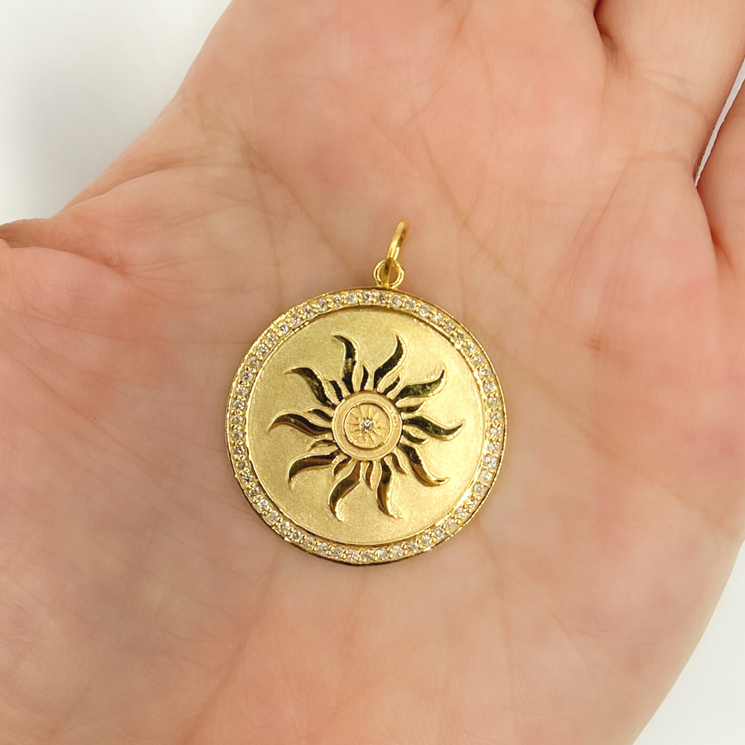 14K Solid Gold Diamond Circle Charm with Sun in the Center. GDP80