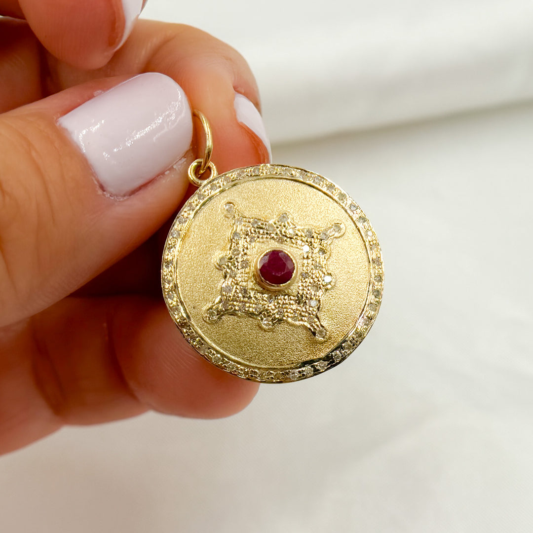 14K Solid Gold Diamond and Gemstone Round Charm. GDP245