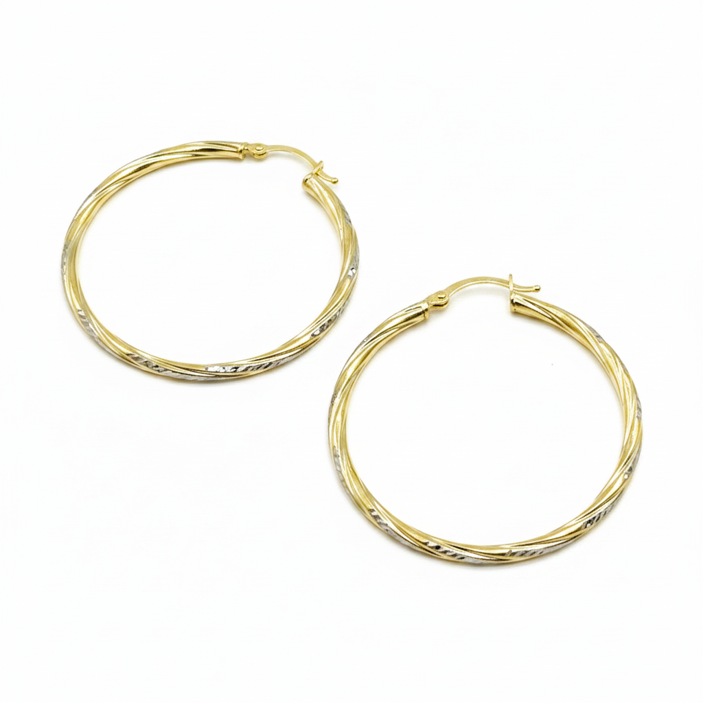 GER71. 14K Gold Hollow Hoop Earrings with Engraved Tornado Design