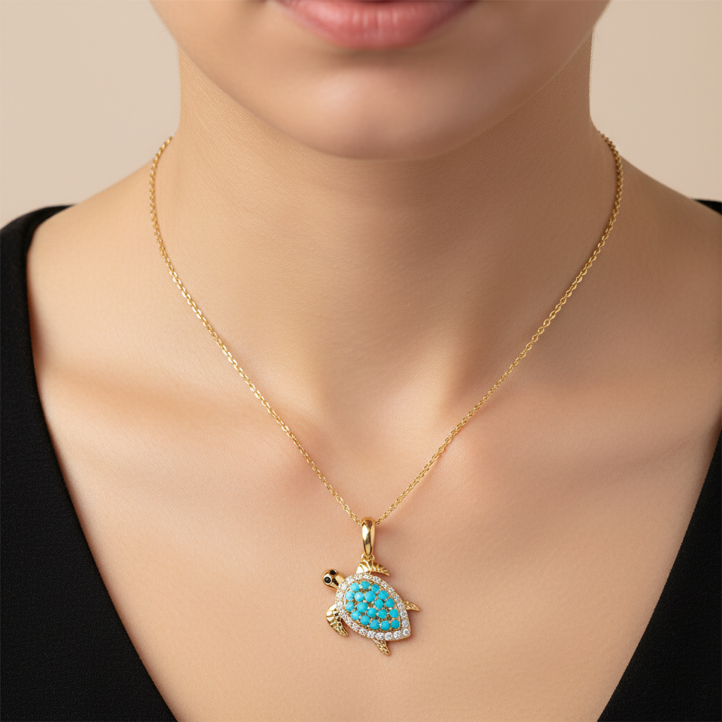 PFD33004TQ. 14K Solid Gold Diamond & Turquoise Turtle Pendant