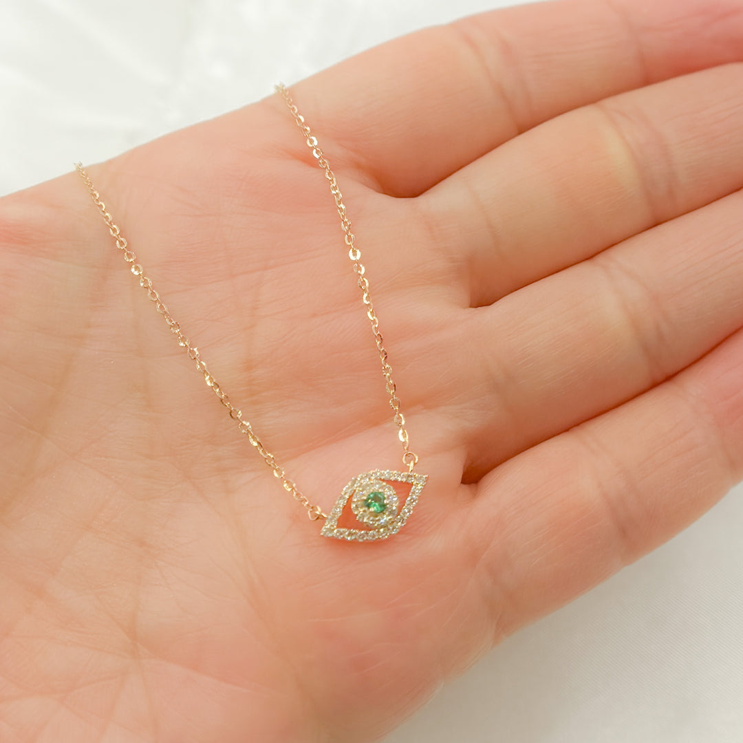 14K Solid Gold Diamond and Emerald Eye Shape Necklace. NFB71609EM