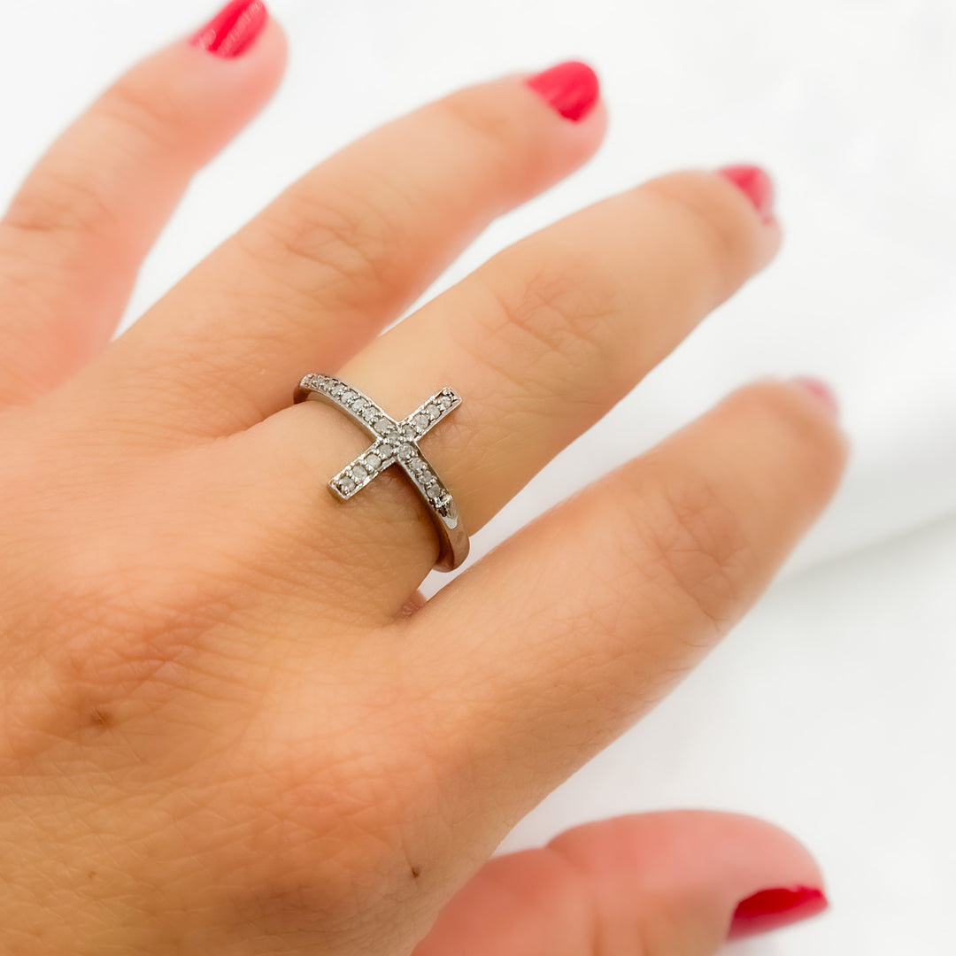 DR03. Diamond Black Rhodium Sterling Silver Cross Ring