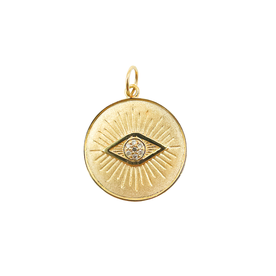 14K Solid Gold with Diamonds Circle Shape Evil Eye Charm. GDP58