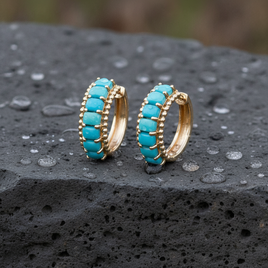 EHZ57696TQ. 14K Solid Gold Turquoise Hoops