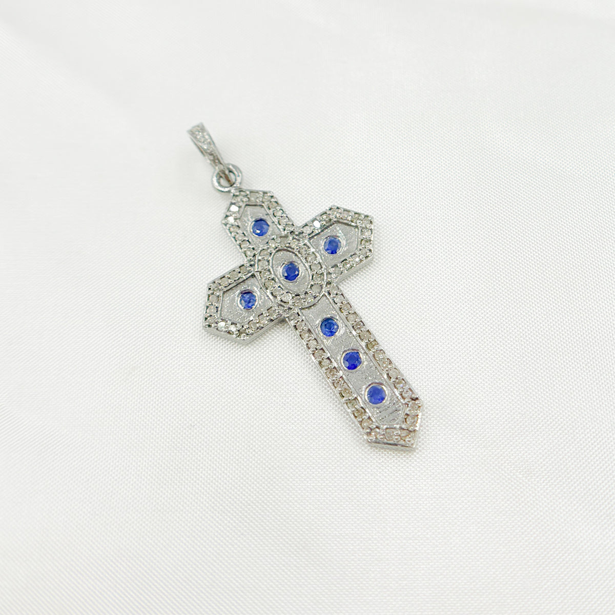 DP450. Diamond Sterling Silver Cross Pendant with Gemstone