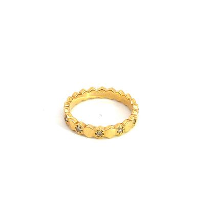 14K Solid Yellow Gold Diamond Hexagon Shape Ring.