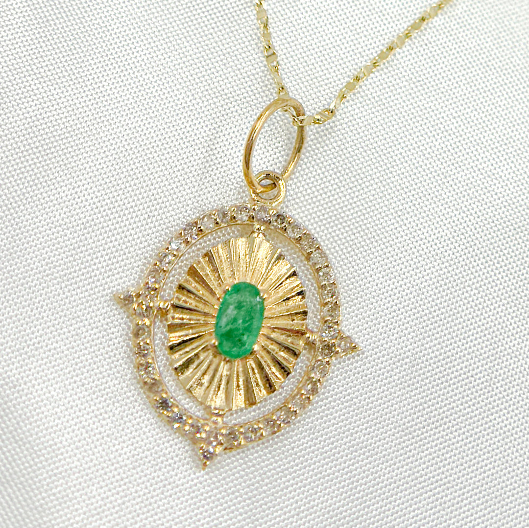 14k Solid Gold Diamond and Emerald Oval Charm.  GDP651