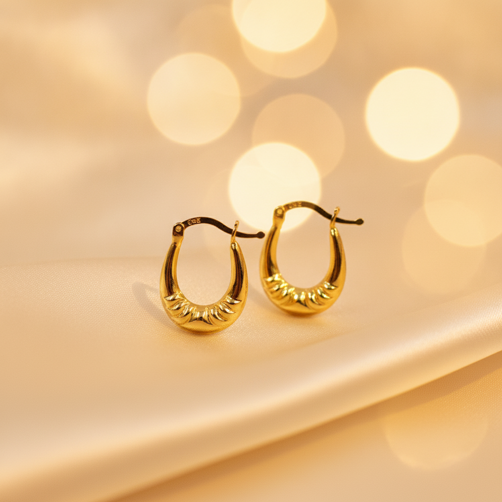 GER180. 14K Solid Gold Croissant Hollow Hoops
