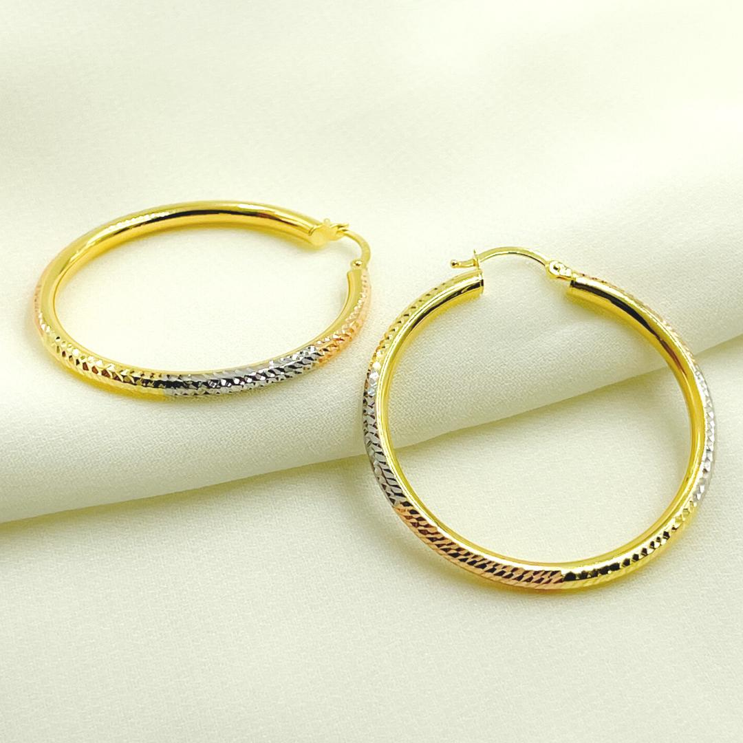GER66. 14K Gold Tri-Color Hoop Earrings with Engraved Tornado Design