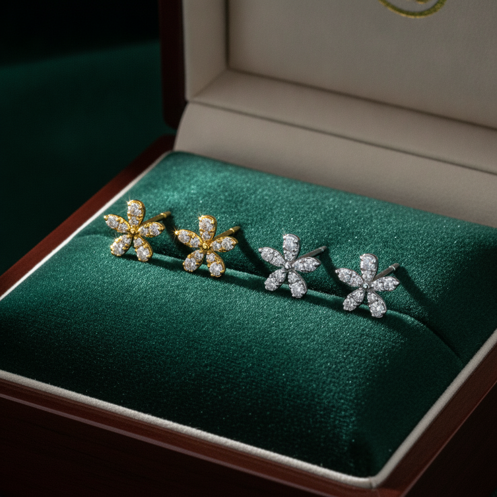 ER413387. 14K Solid Gold Diamond Flower Studs