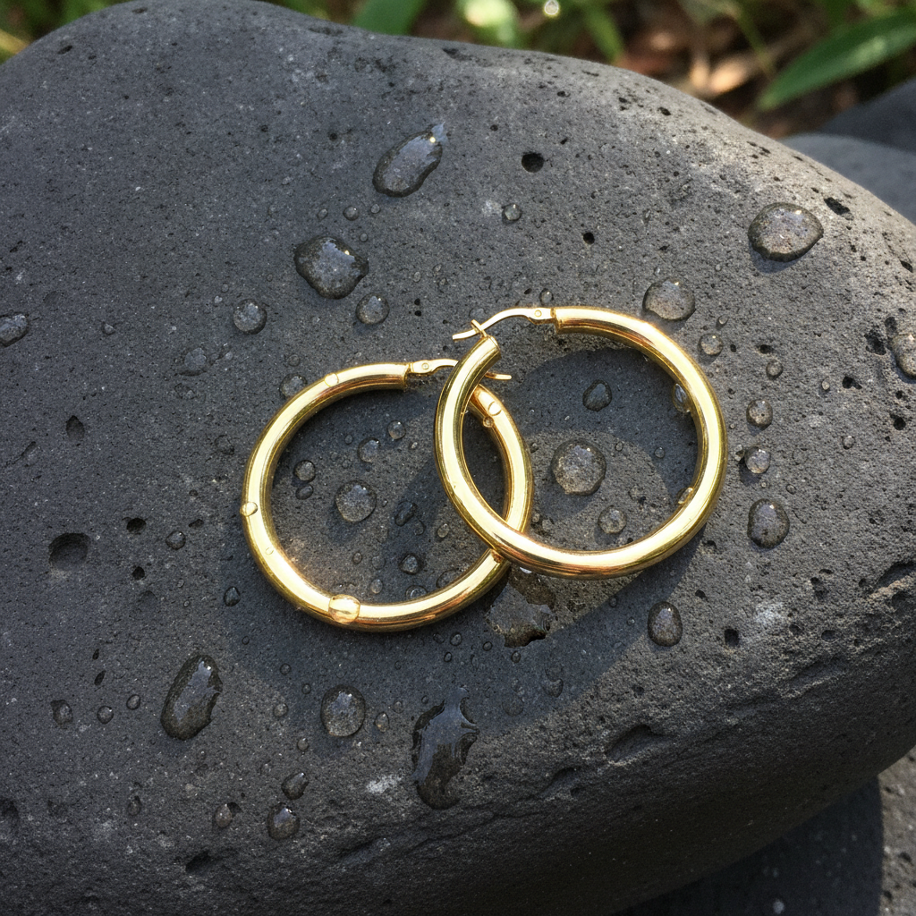 GER163. 14K Solid Gold Hollow Smooth Hoop