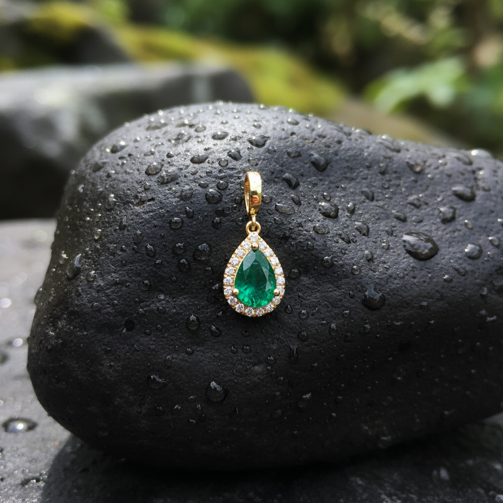 CMB00360EM. 14K Solid Gold Drop-Shaped Emerald and Diamond Charm