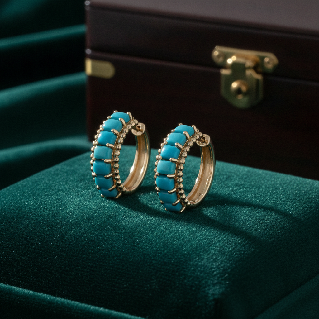 EHZ57696TQ. 14K Solid Gold Turquoise Hoops