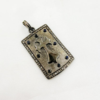 DP312. Diamond Sterling Silver Rectangle Cross Pendant with Gemstone