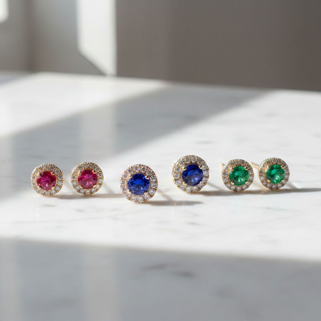 EFC54135. 14K Solid Yellow Gold Diamond and Gemstone Stud Earring