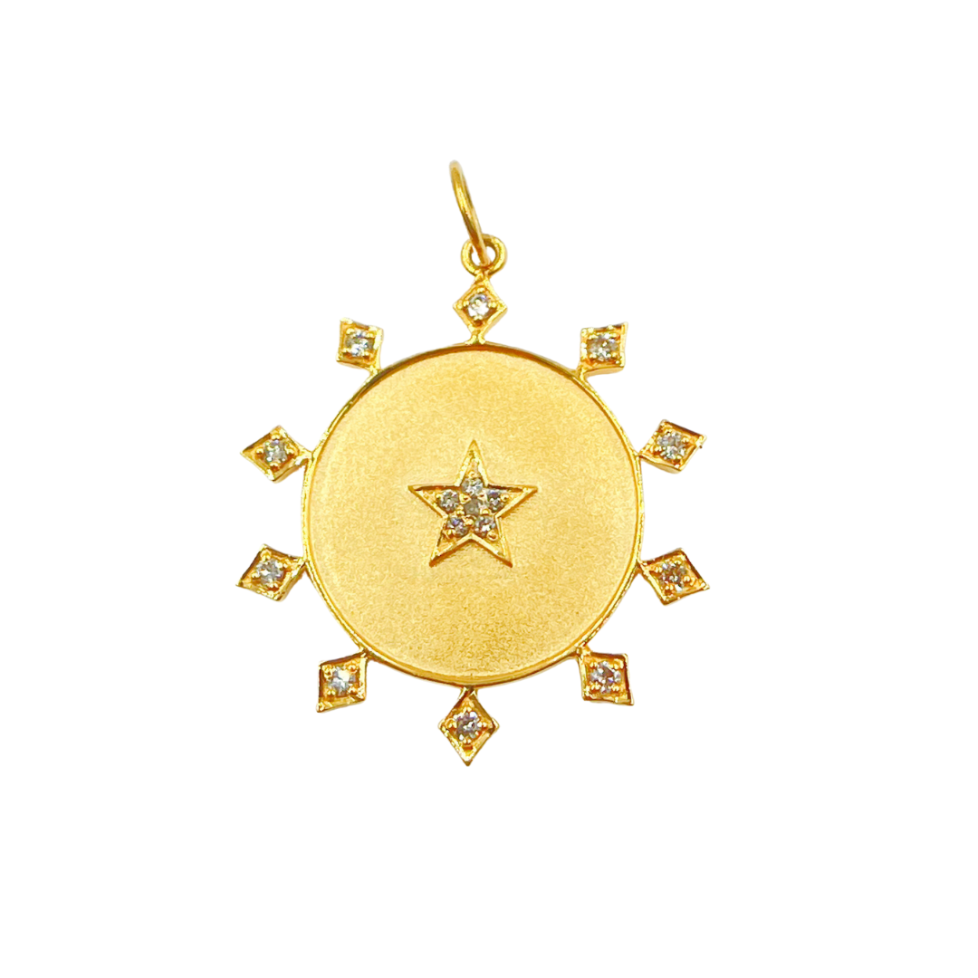 14K Solid Gold Diamonds Star Circle Charm. GDP180