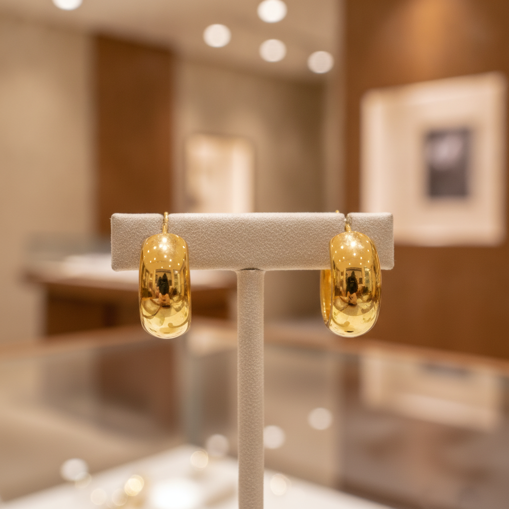 GER94. 14K Gold Smooth Hollow Hoop Earrings