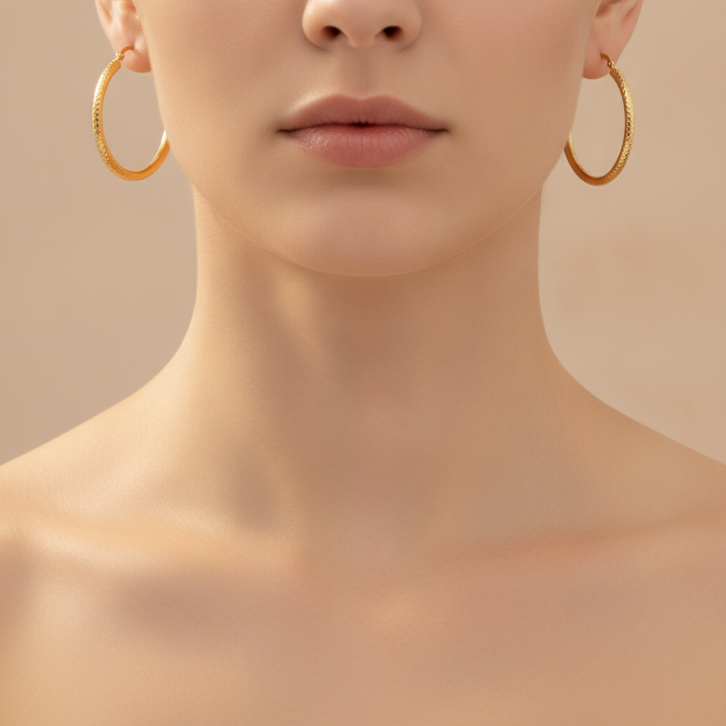 GER58. 14K Gold Hoop Earrings with Engraved Tornado Design