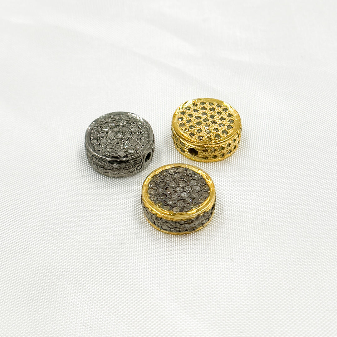 Pave Diamond & 925 Sterling Silver Black Rhodium, Two Tone and Gold Plated Coin Bead. DC835