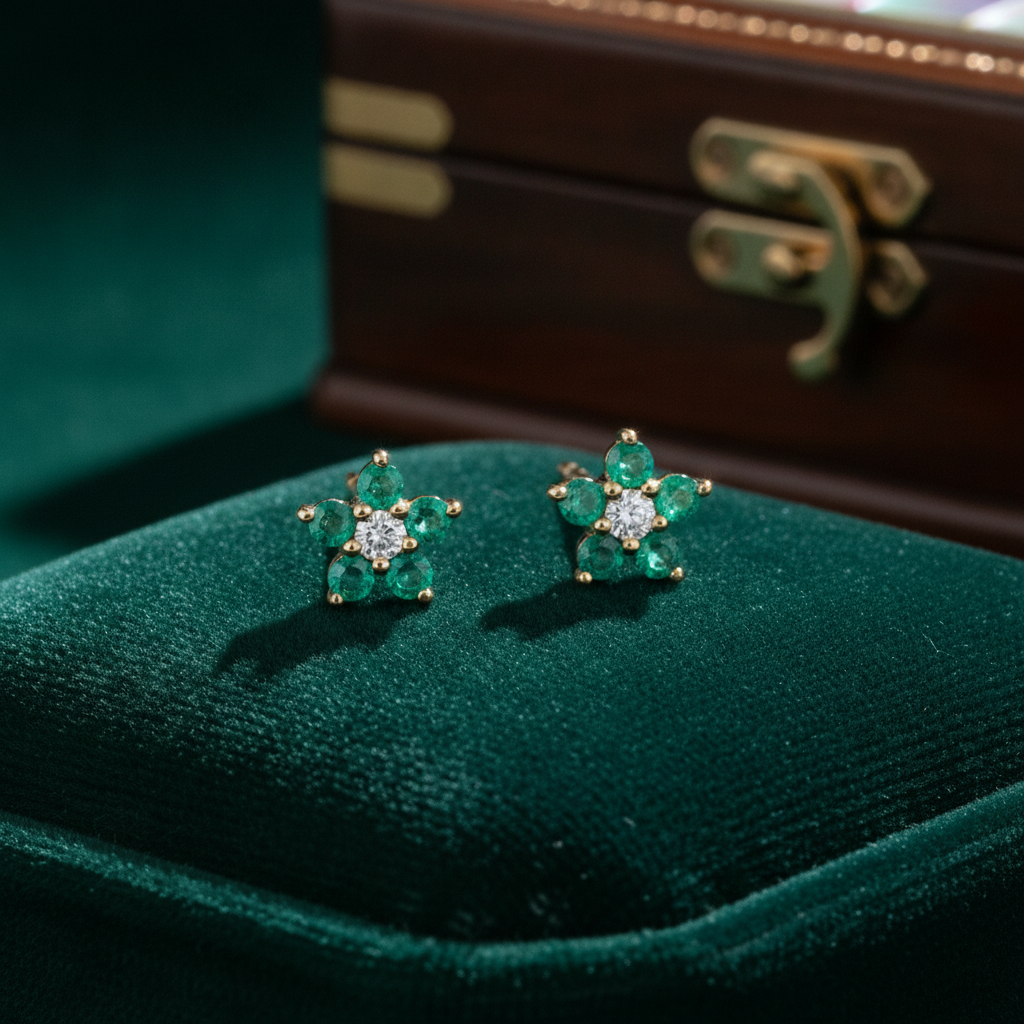 CE97507EM1.8. 14K Solid Gold Diamond and Emerald Flower Stud Earrings