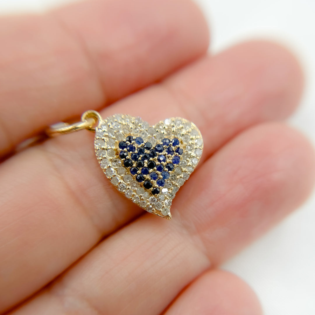 14k Solid Gold Diamond and Gemstone (Emerald or Blue Sapphire) Heart Charm. KG192