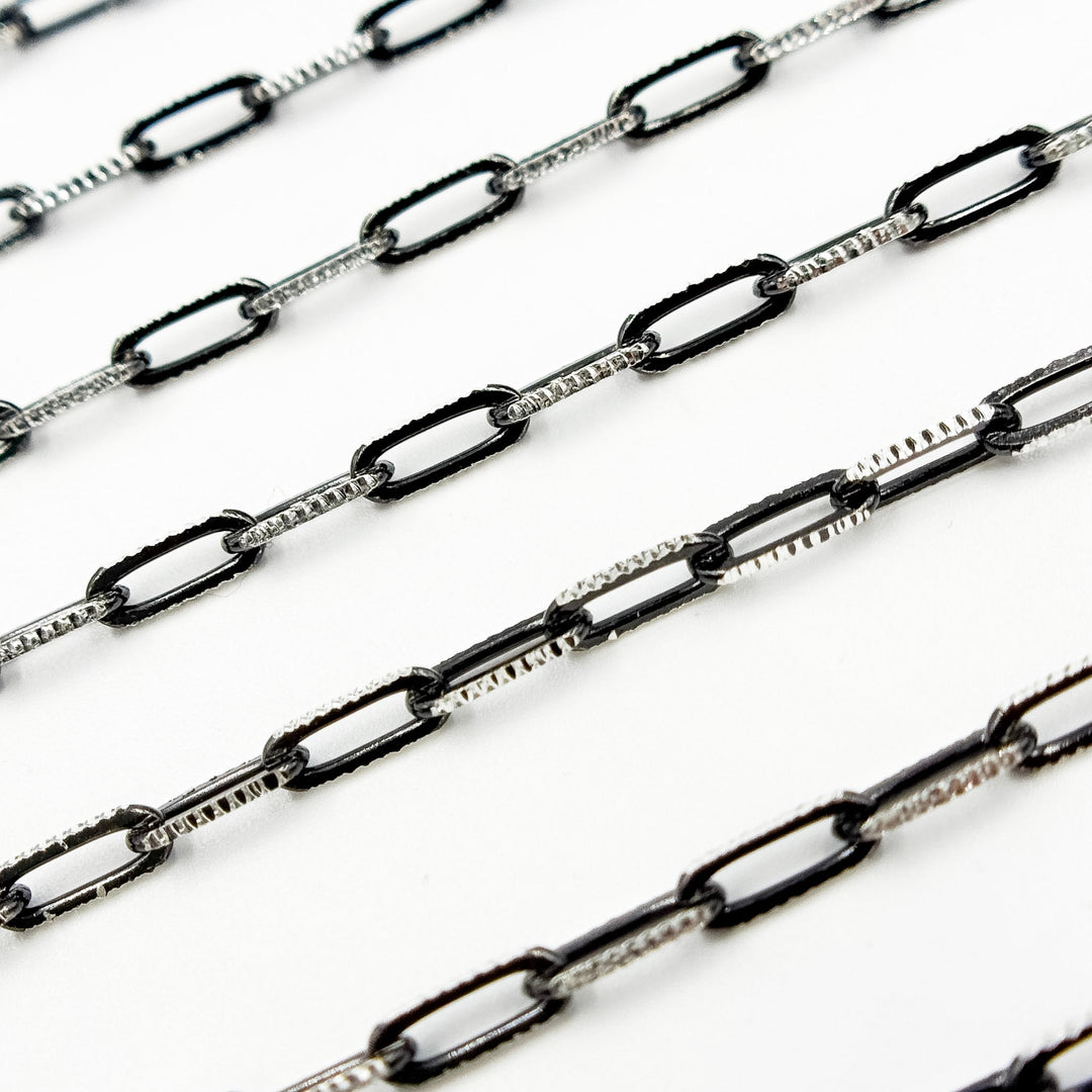 Z113SB. Two Tone Sterling Silver and Black Rhodium Paperclip Textured Chain