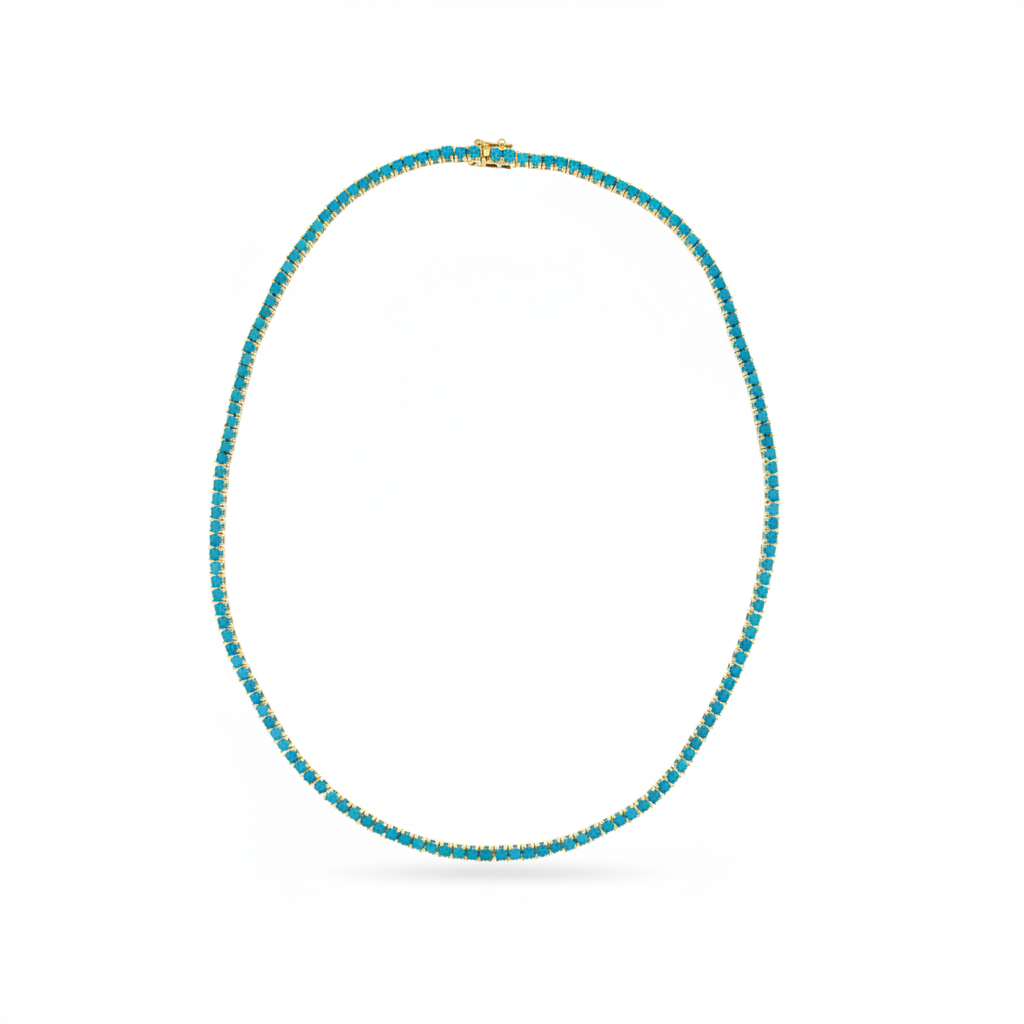 NFZ72747TQ. 14K Solid Gold Turquoise Tennis Necklace