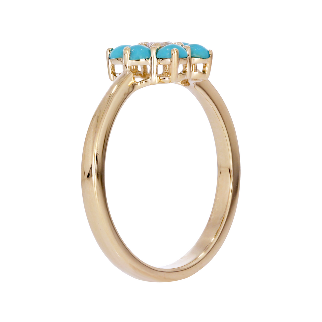 RFB19162TQ. 14K Solid Yellow Gold Diamond and Turquoise Flower Ring