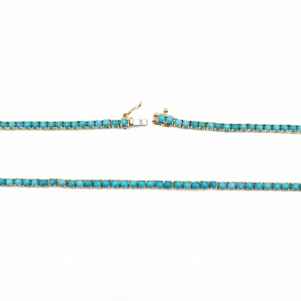 NFZ72747TQ. 14K Solid Gold Turquoise Tennis Necklace