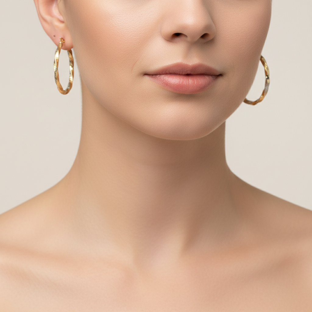 GER124. 14K Solid Gold Twisted Hollow Hoop with Engraved