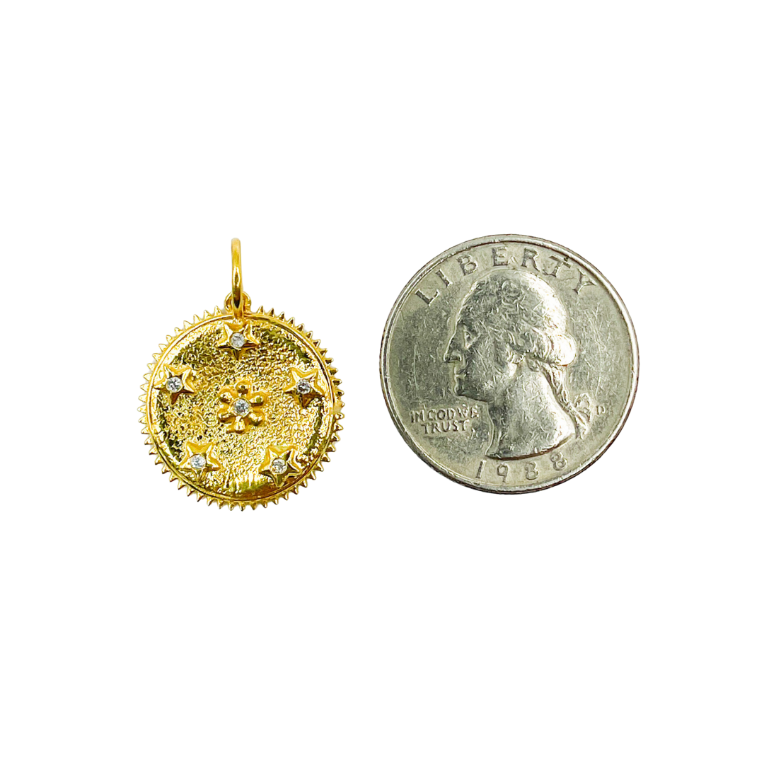 14K Solid Gold with Diamonds Circle Shape with Flowers & Stars Charm. KG26