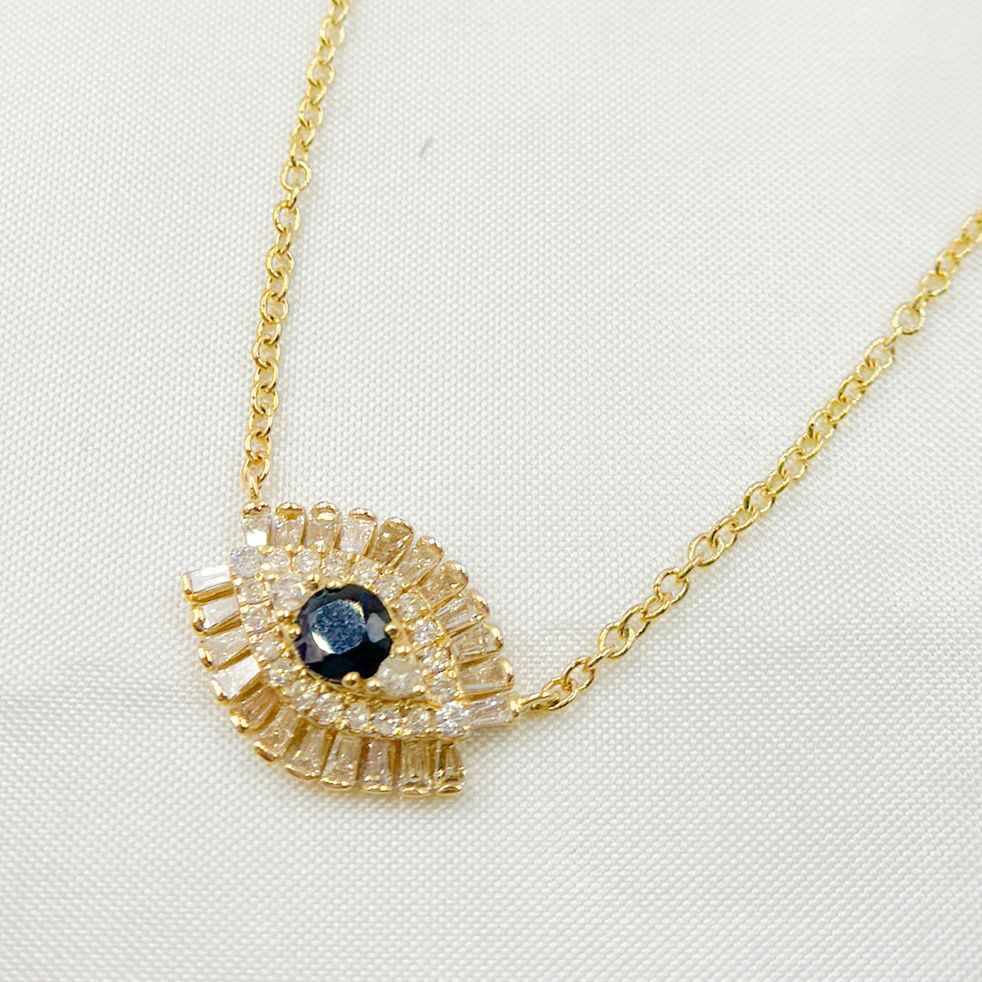 14k Solid Gold Blue Sapphire and Diamond Eye Necklace. NFH71188BS