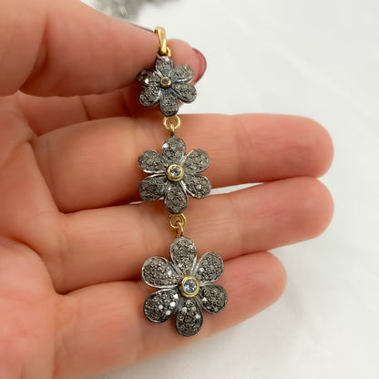DP216. Diamond Sterling Silver 3 Flower Long Pendant with Gemstone.