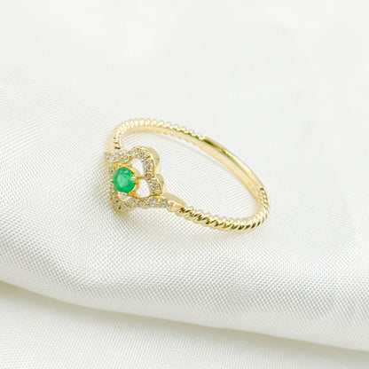 14K Solid Yellow Gold Diamond and Emerald Flower Ring.