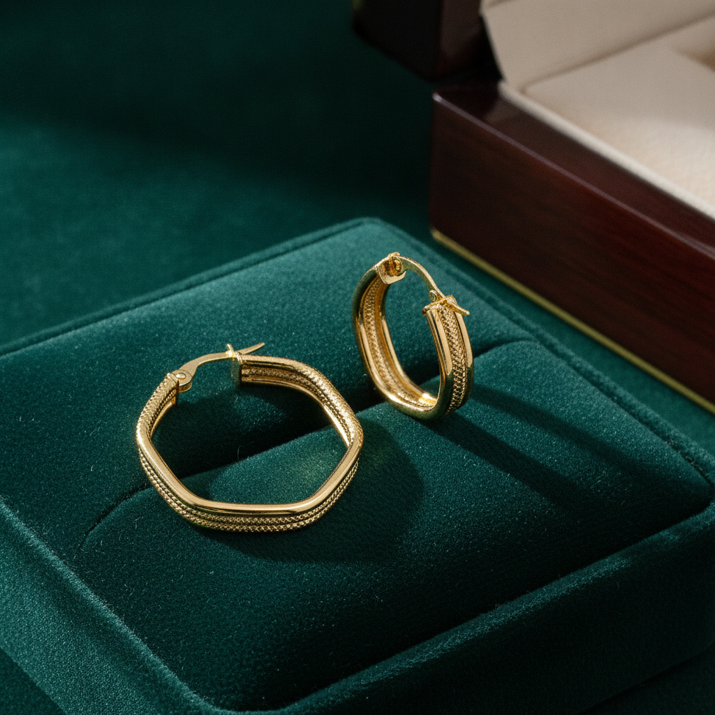 15850023956. 14K Solid Gold Smooth and Textured Hexagonal Hollow Hoop Earrings
