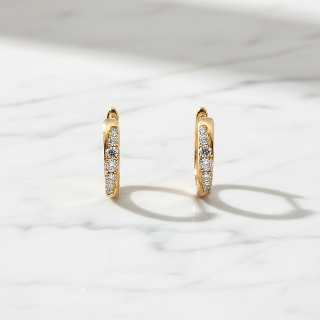 EHD57618. 14k Solid Yellow Gold Diamond Huggie Hoop Earrings