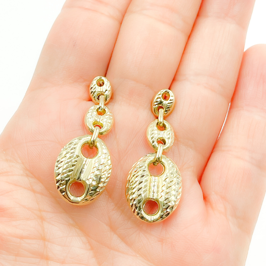 GER86. 14K Solid Gold Puffed Mariner Diamond Cut Link Earrings