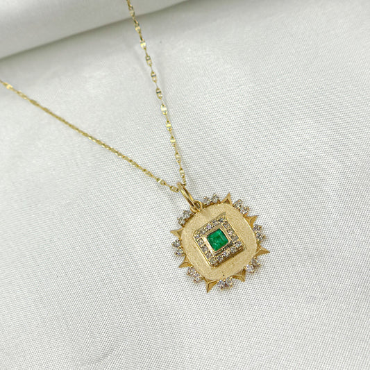 GDP656. 14k Solid Gold Diamond and Emerald Square Charm