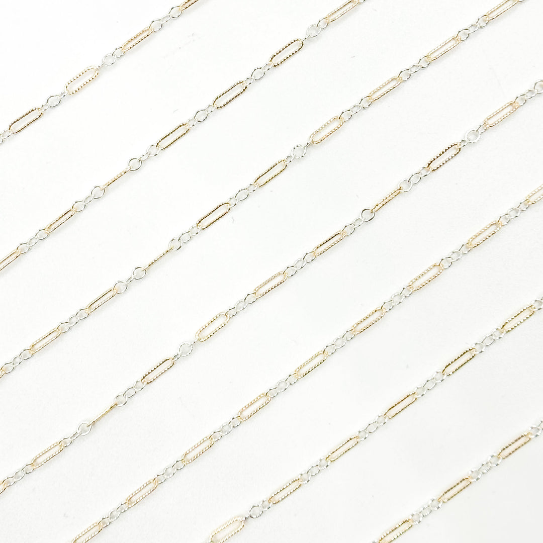 XM/1003K/SP. 14K Gold Filled and Sterling Silver Knurled Link Chain – Long & Short Pattern