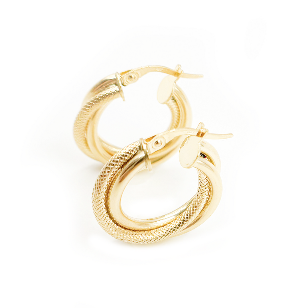 15850006741. 14K Solid Gold Smooth and Textured Twisted Triple Hollow Hoop Earrings