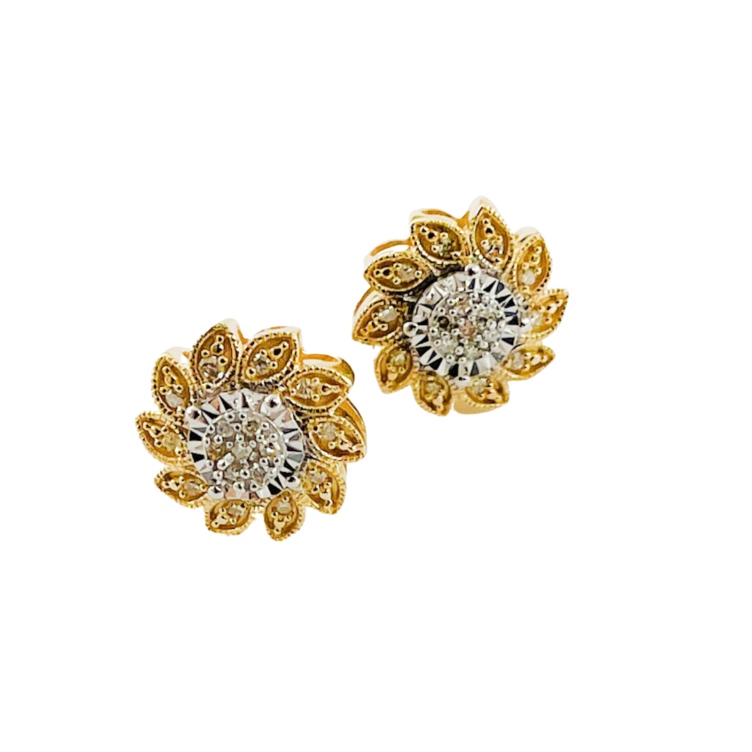 14K Solid Gold and Diamonds Flower Earrings. EFB51035