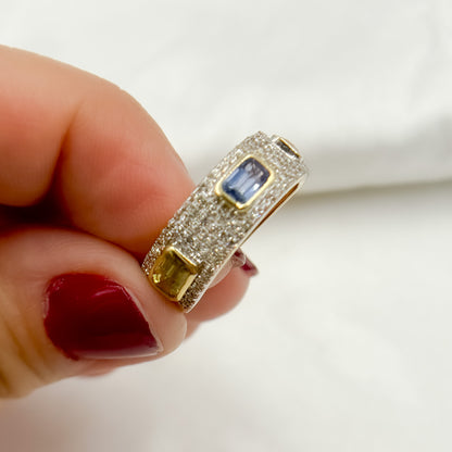 14k Solid Gold Diamond and Multi Sapphire Ring.