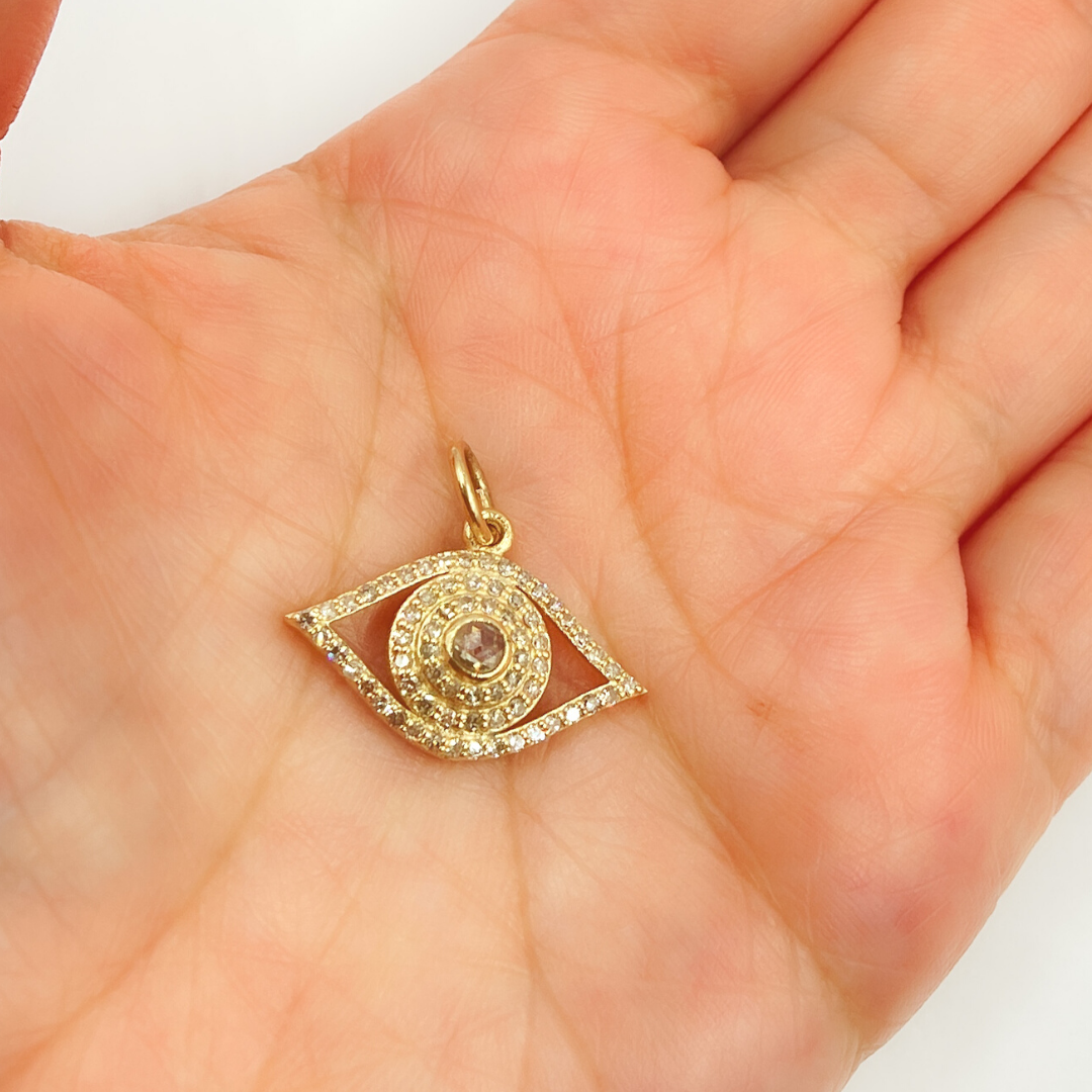 14K Solid Gold Charm. Evil Eye Pendant with Diamonds. KG71