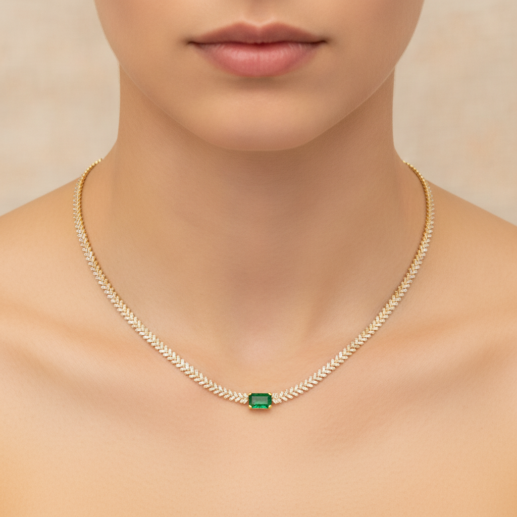 NK402201. 14K Solid Gold Baguette Diamond and Solitaire Emerald Necklace