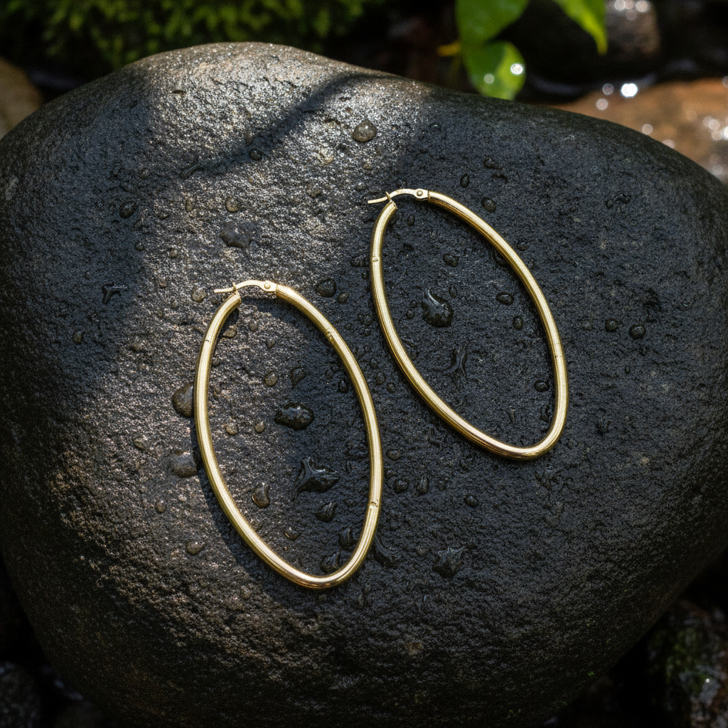 GER152. 14K Solid Gold Hollow Oval Hoop