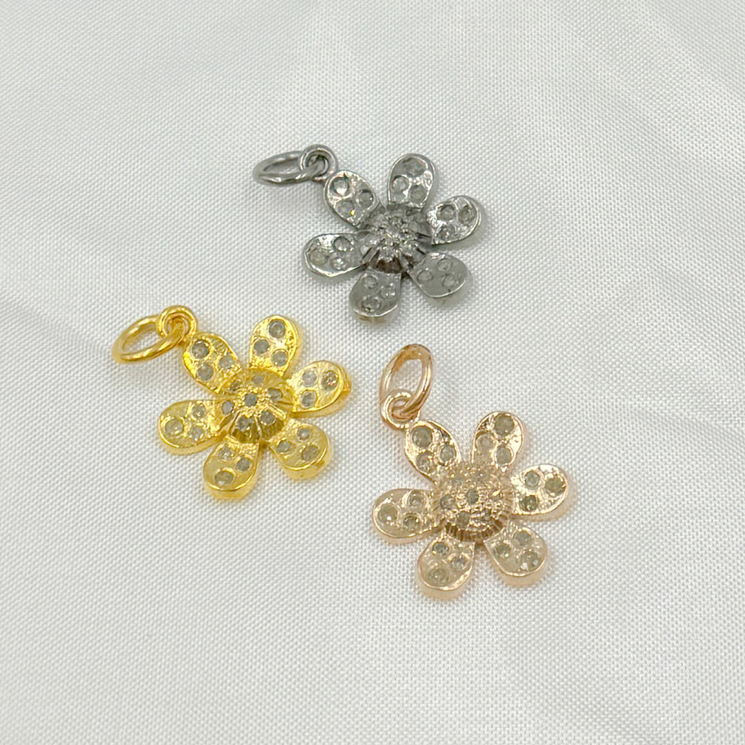 DC480. Pave Diamond & 925 Sterling Silver Black Rhodium, Two Tone (Black Rhodium and Gold Plated), Gold Plated, and Rose Gold Plated Flower Charm.