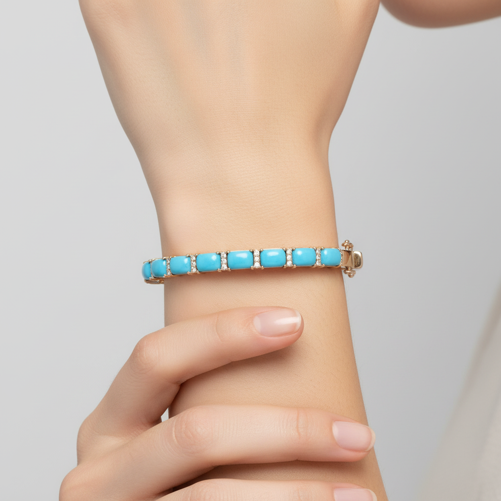 CB97340TQ6X4. 18K Solid Gold Diamond & Turquoise Bangle